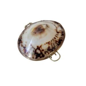 Vintage Seashell Trinket Box Small Pill Box Brown Beige Metal Rim Collectible